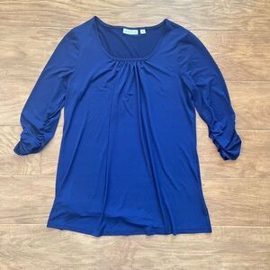 Susan Graver Liquid Knit Ruched Sleeve Tunic Size XS Navy Blue 3/4 Sleeve